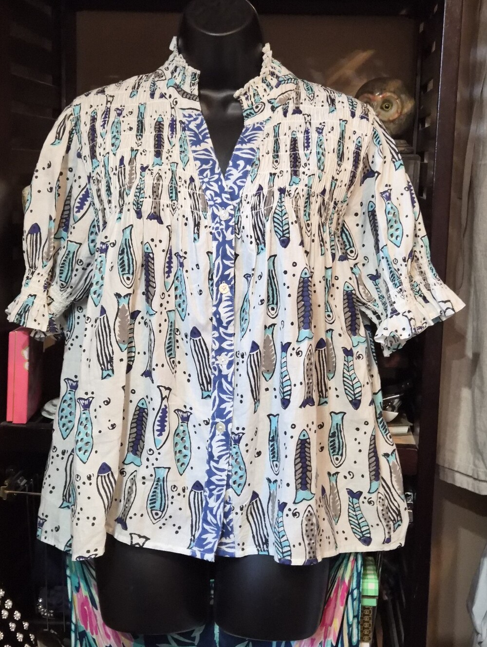 THML White Blue Teal Fish-Print Peasant Blouse